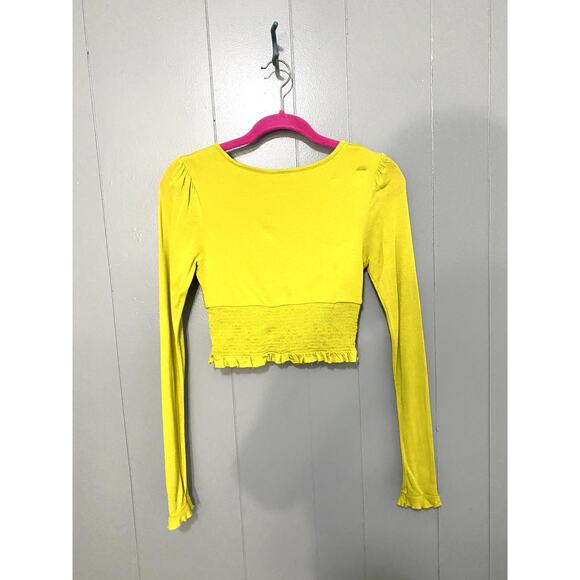 Urban Outfitters Chartreuse Bayside Smocked Button-front Cropped Blouse S - Picture 6 of 8